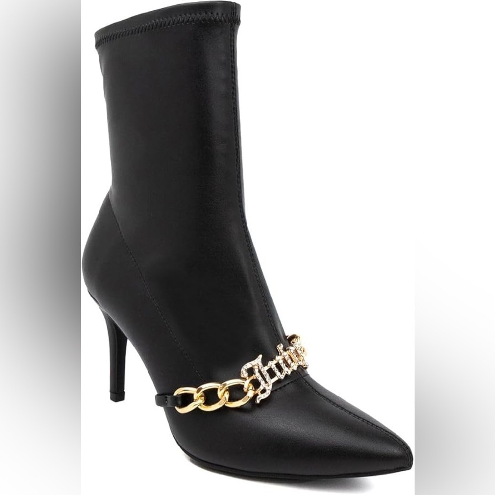 Juicy Couture Tommi Black Heeled Boots with Gold Chain Detail
